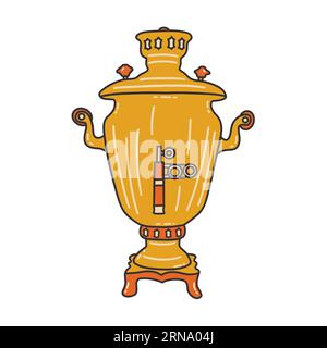 Russian gold samovar for boiling water and tea drinking. Ancient traditional Russian culture. Colorful vector isolated illustration hand drawn doodle Stock Vector