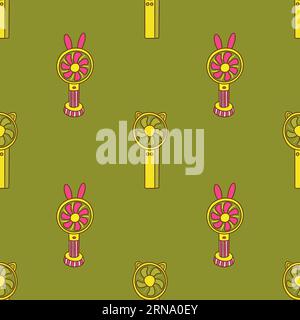 Seamless patterm with cute handheld portable small battery powered fans with ears. Colorful blowers vector illustration hand drawn. Green background. Stock Vector