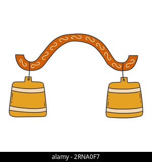 Russian orange yoke with wooden yellow buckets. Old device rocker for fetching water in village. Life in the countryside, Russian culture. Colorful ve Stock Vector