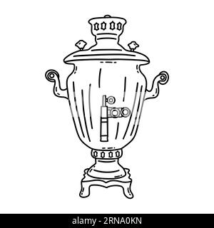 Russian samovar for boiling water and tea drinking. Ancient traditional Russian culture. Black and white vector isolated illustration hand drawn doodl Stock Vector