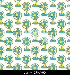 Seamless patterm with desktop electrical fan blue and yellow colors. Colorful blower vector illustration hand drawn. Print for fabric or paper cover w Stock Vector