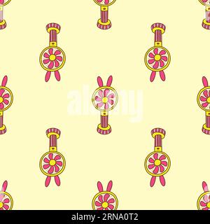 Seamless patterm with cute handheld portable small battery powered fan with ears. Colorful blower vector illustration hand drawn. Pink and yelllow col Stock Vector