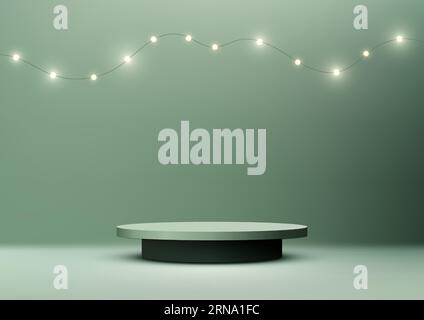 3D green podium stand on a green wall scene, with hanging light bulbs. This mockup can be used to display products in a modern and minimalist way. Vec Stock Vector