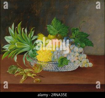 Pineapple, grapes and pears in a glass bowl on a ledge. 1821 by Hanne Hellesen Stock Photo