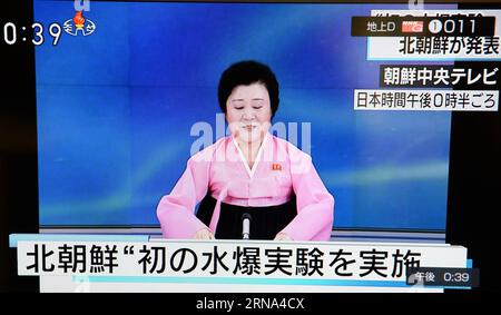 (160106) -- TOKYO, Jan. 6, 2016 -- Photo taken on Jan. 6, 2015 in Tokyo, Japan shows a TV hostess of the Democratic People s Republic of Korea (DPRK) reads news during the broadcast. The Democratic People s Republic of Korea (DPRK) announced Wednesday that it has successfully carried out its first hydrogen bomb test. ) JAPAN-DPRK-FIRST HYDROGEN BOMB-TEST MaxPing PUBLICATIONxNOTxINxCHN   Tokyo Jan 6 2016 Photo Taken ON Jan 6 2015 in Tokyo Japan Shows a TV Hostess of The Democratic Celebrities S Republic of Korea DPRK reads News during The Broadcast The Democratic Celebrities S Republic of Korea Stock Photo