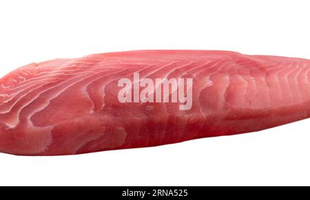 Yellow fin tuna steak isolated on white background. Fresh rare tuna steak isolated on white. Raw yellowfin tuna fillet texture. Background fresh tuna Stock Photo