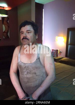 -- MEXICO CITY  -- Image provided by an anonymous source on Jan. 8, 2016 shows Joaquin Guzman Loera, alias El Chapo , handcuffed after his detention in a place of Mexico not yet determined by authorities of the country. Fugitive drug kingpin Joaquin El Chapo Guzman has been recaptured months after his prison escape, President Enrique Pena Nieto said on Jan. 8, 2016. ) (fnc) MEXICO-MEXICO CITY-GUZMAN LOERA-RECAPTURE STR PUBLICATIONxNOTxINxCHN   Mexico City Image provided by to Anonymous Source ON Jan 8 2016 Shows Joaquin Guzman Loera alias El Chapo Handcuffed After His Detention in a Place of M Stock Photo