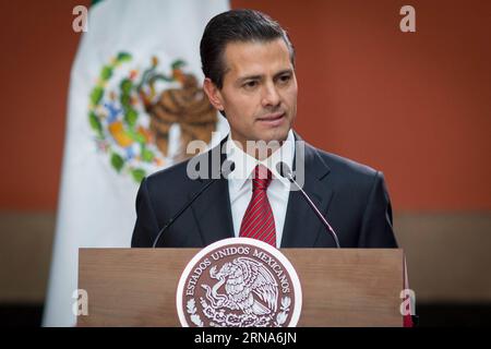 (160109) -- MEXICO CITY, Jan. 8, 2016 -- Mexican President Enrique Pena Nieto addresses a press conference on the arrest of the world s most-wanted drug lord Joaquin Guzman Loera, in Mexico City, capital of Mexico, Jan. 8, 2016. Enrique Pena Nieto on Friday confirmed the capture of the notorious drug trafficker during a raid by Mexican marines. Pedro Mera) (da) (vf) MEXICO-MEXICO CITY-PRESIDENT-DRUG LORD CAPTURE e PedroxMera PUBLICATIONxNOTxINxCHN   160109 Mexico City Jan 8 2016 MEXICAN President Enrique Pena Nieto addresses a Press Conference ON The Arrest of The World S Most Wanted Drug Lord Stock Photo