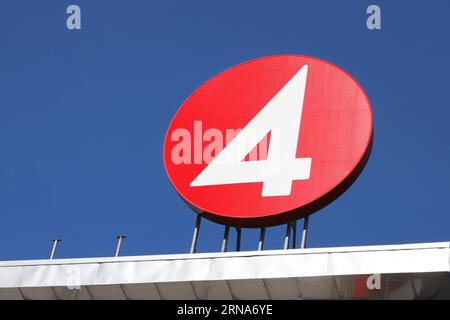 Stockholm, Sweden - August 31, 2023: The Swedish commercial free-to-air network TV channel TV4 logotype at the headquarter and studios  at the Tegelud Stock Photo