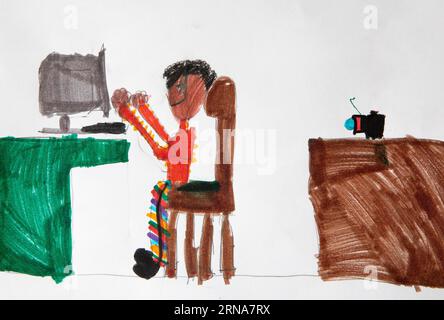 Drawing made by a child depicting his father working from home on the computer. Child psychology concept with parental vision. Modern jobs done at hom Stock Photo