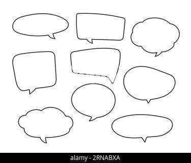 Speech symbol talk and thinking hand drawn style. Bubble with clouds thin line set. Stock Vector