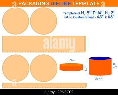 Preserved rose box, round lid gift box die line template with the dimension H1 8xD 14xH2 2 inch Stock Vector
