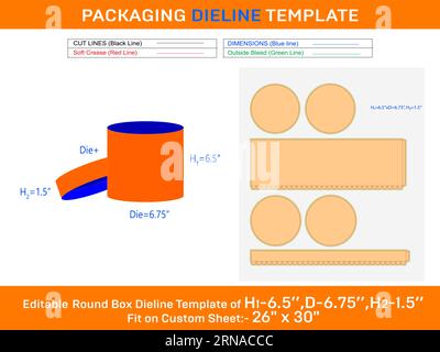 Paper box, round lid gift box die line template with the dimension H1 6.5xD 6.75xH2 1.5 inch Stock Vector