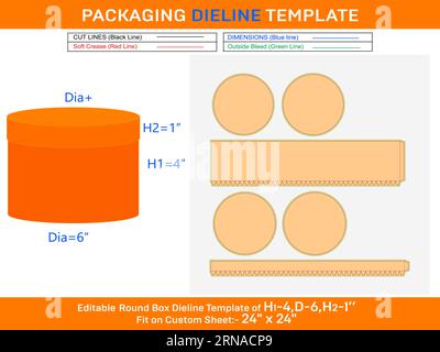Holiday gift box, round lid gift box die line template with the dimension H1 4, D 6, H2 1 inch Stock Vector