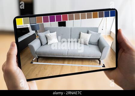 Furniture AR Smartphone Designer Application. Augmented Reality Sofa Stock Photo