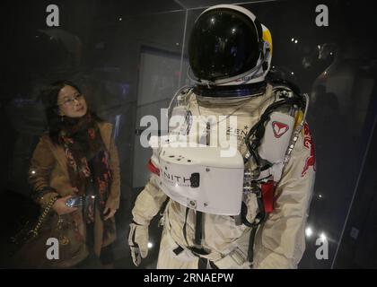 The pressurized suit used during Red Bull Stratos mission by Austrian skydiver Felix Baumgartner in 2012 for his record jump is displayed at the Red Bull Stratos exhibition at the Science World in Vancouver, Canada, Jan., 22, 2016. On Oct. 14, 2012, Baumgartner made a record-breaking free fall from a capsule 24 miles (38,400 meters) above Roswell in New Mexico, the United States, becoming the first skydiver to break the sound barrier. ) CANADA-VANCOUVER-RED BULL STRATOS-EXHIBITION-SKYDIVER-SUIT LiangxSen PUBLICATIONxNOTxINxCHN   The Pressurized Suit Used during Red Bull Stratos Mission by Aust Stock Photo