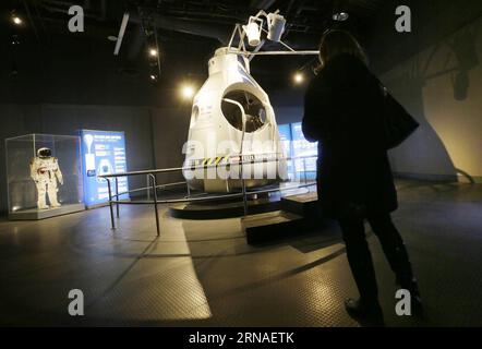 The pressurized suit and capsule used during Red Bull Stratos mission by Austrian skydiver Felix Baumgartner in 2012 for his record jump are displayed at the Red Bull Stratos exhibition at the Science World in Vancouver, Canada, Jan., 22, 2016. On Oct. 14, 2012, Baumgartner made a record-breaking free fall from a capsule 24 miles (38,400 meters) above Roswell in New Mexico, the United States, becoming the first skydiver to break the sound barrier. ) CANADA-VANCOUVER-RED BULL STRATOS-EXHIBITION-SKYDIVER-SUIT LiangxSen PUBLICATIONxNOTxINxCHN   The Pressurized Suit and Capsule Used during Red Bul Stock Photo