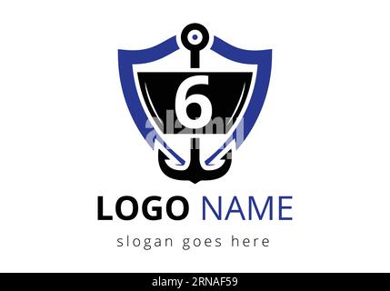 letter 6 with Anchor Logo Design Template. Marine, Sailing Boat Logo Stock Vector