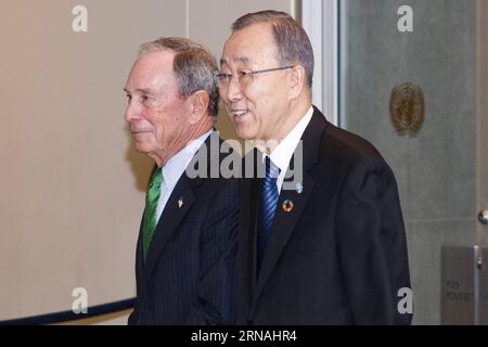 (160127) -- UNITED NATIONS, Jan. 27, 2016 -- Michael Bloomberg(L), founder of Bloomberg L.P.,former New York City mayor and United Nations special envoy for cities and climate change, walks along with United Nations Secretary-General Ban Ki-moon at the United Nations headquarters in New York, Jan. 27, 2016. Bloomberg attends the 2016 Investor Summit on Climate Risk at the UN headquarters on Wednesday. ) UN-INVESTOR SUMMIT ON CLIMATE RISK-BLOOMBERG-BAN-KI-MOON LixMuzi PUBLICATIONxNOTxINxCHN   160127 United Nations Jan 27 2016 Michael Bloomberg l Founder of Bloomberg l P Former New York City May Stock Photo