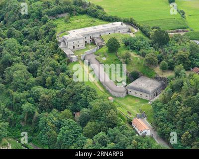 AERIAL VIEW. Fort Montecchio Nord, a World War I fortification built on a hill near Lake Como. Colico, Province of Lecco, Lombardy, Italy. Stock Photo