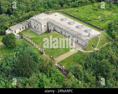 AERIAL VIEW. Fort Montecchio Nord, a World War I fortification built on a hill near Lake Como. Colico, Province of Lecco, Lombardy, Italy. Stock Photo