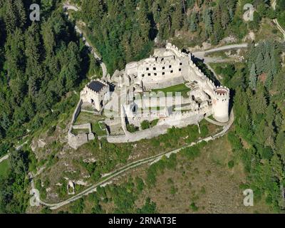 AERIAL VIEW. Castello di Montechiaro (in Italian) or Schloss Lichtenberg (in German). Province of Bolzano, Trentino-Alto Adige, Italy. Stock Photo