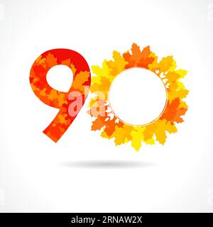 Creative number 90. Autumn sale sign concept. 90 years old logo. 90th anniversary icon with fall leaves. Seasonal symbol with red, yellow and orange Stock Vector