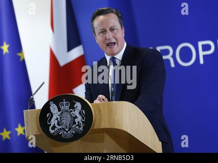 EU-Gipfel in Brüssel - PK David Cameron (160219) -- BRUSSELS, Feb. 19, 2016 -- British Prime Minister David Cameron addresses a press conference at the end of an extraordinary two-day EU summit at the European Council in Brussels, Belgium, Feb.19, 2016. European leaders on Friday night reached a deal on British Prime Minister David Cameron s reforms after marathon talks, President of the European Council Donald Tusk tweeted. ) BELGIUM-BRUSSELS-EU-SUMMIT-UK-CAMERON YexPingfan PUBLICATIONxNOTxINxCHN   EU Summit in Brussels press conference David Cameron  Brussels Feb 19 2016 British Prime Minist Stock Photo