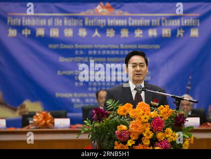 (160220) -- TORONTO, Feb. 20, 2016 -- China s Consul General in Toronto Xue Bing speaks during the opening ceremony of the Photo Exhibition of the Historic Meetings between Canadian and Chinese Leaders at Markham Civic Centre in Markham, the Greater Toronto Area, Canada, Feb. 19, 2016. The three-day event that kicked off on Friday featured 40 photos portraying key milestones in the development of China-Canada relationship to celebrate the 45th anniversary of the establishment of diplomatic relations between the two countries. ) (lyi) CANADA-TORONTO-CHINA-PHOTO EXHIBITION ZouxZheng PUBLICATIONx Stock Photo