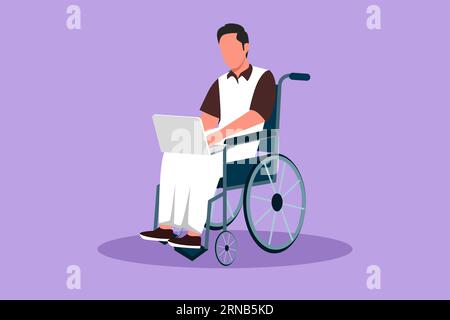 Cartoon flat style drawing disabled Arab man working on laptop. Wheelchair, idea, computer. Freelance, disability. Online job, startup. Physical disab Stock Photo