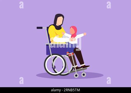 Character flat drawing happy disabled mother with her child. Disability Arabic woman holding baby in her arms. Family love concept. Physical disabilit Stock Photo