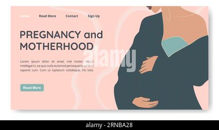 Pregnant woman standing and holding belly landing page. Stock Vector