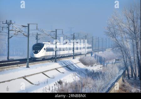 File photo taken on Feb. 14, 2015 shows a CRH2G bullet train running for a test on the Harbin-Dalian high-speed railway, northeast China. Building more high-speed railways has been a hot topic at the annual sessions of China s provincial legislatures and political advisory bodies intensively held in January. China has the world s largest high-speed rail network, with the total operating length reaching 19,000 km by the end of 2015, about 60 percent of the world s total. The expanding high-speed rail network is offering unprecedented convenience and comfort to travelers, and boosting local deve Stock Photo