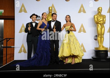 LOS ANGELES, Feb. 28, 2016 -- (from L to R) Best Supporting Actor Mark Rylance, Best Actress Brie Larson, Best Actor Leonardo DICAPRIO (Di Caprio) and Best Supporting Actress Alicia Vikander pose during the 88th Academy Awards at the Dolby Theater in Los Angeles, the United States, on Feb. 28, 2016. ) (lyi) US-LOS ANGELES-OSCARS-WINNERS YangxLei PUBLICATIONxNOTxINxCHN   Los Angeles Feb 28 2016 from l to r Best Supporting Actor Mark Rylance Best actress Brie Larson Best Actor Leonardo DiCaprio Tue Caprio and Best Supporting actress Alicia Vikander Pose during The 88th Academy Awards AT The Dolb Stock Photo