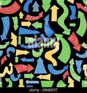Seamless pattern with Hand Drawn Cartoon colorful arrows on black background. Vector illustration with modern decorative shape for design, decorating, Stock Vector