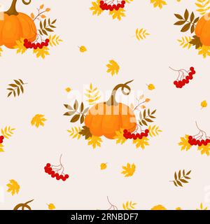 Autumn seamless pattern. Bunches of rowan with pumpkin on light background with fall leaves. Vector autumnal illustration for design, packaging, wallp Stock Vector