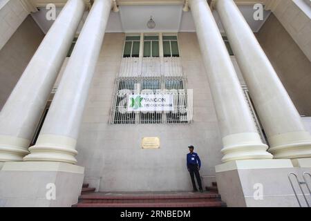 (160303) -- YANGON, March 3, 2016 -- A security member stands outside the Yangon Stock Exchange center in Yangon, Myanmar, March 3, 2016. Securities trading on Yangon Stock Exchange(YSX) may start in the 3rd week of this month, said Maung Maung Thein, President of Myanamr s Securities and Exchange Commission(SECM) Wednesday. ) MYANMAR-YANGON-STOCK EXCHANGE UxAung PUBLICATIONxNOTxINxCHN   Yangon March 3 2016 a Security member stands outside The Yangon Stick Exchange Center in Yangon Myanmar March 3 2016 Securities Trading ON Yangon Stick Exchange  May Start in The 3rd Week of This Month Said Ma Stock Photo