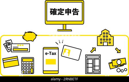 Smartphone and online filing of Final tax returns, from bookkeeping to e-Tax submission - Translation: Final tax return Stock Vector