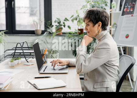 mature businesswoman working on laptop with blank screen near notebook, project planning, side view Stock Photo