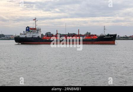 LPG Tanker Patcharawadee 14 in navigation on the Mekong River waters, Vietnam. Thai coastal liquefied gas carrier sailing to all Southeast Asia ports Stock Photo