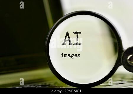 AI image technology demonstrated with laptop, text and magnifying glass. Command Prompt and KI. Chat with artificial intelligence. Stock Photo