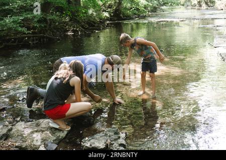 Dad crouching down exploring stream with children on summer day Stock Photo