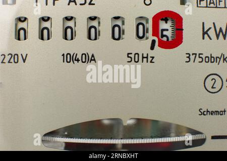 Close-up electricity meter measures the electricity consumed. save symbolic photo for current price and current. Stock Photo