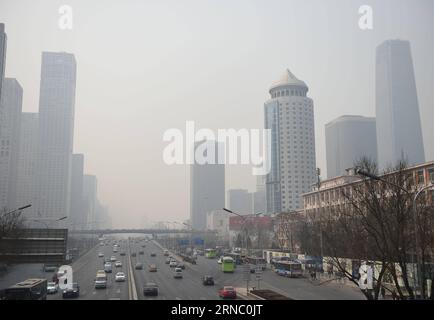 (160316) -- BEIJING, March 16, 2016 -- Photo taken on March 16, 2016 shows the surroundings of Guomao Bridge in Beijing, capital of China. As temperatures rise, dispersal of foul air becomes more difficult. Beijing and its nearby Tianjin and Hebei Province have been smogbound since the start of this week. A yellow alert for air pollution is issued Wednesday afternoon in Beijing. )(wjq) CHINA-BEIJING-HAZE (CN) LuoxXiaoguang PUBLICATIONxNOTxINxCHN   Beijing March 16 2016 Photo Taken ON March 16 2016 Shows The Surroundings of Guomao Bridge in Beijing Capital of China As temperatures Rise Dispersa Stock Photo