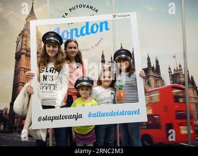 (160319) -- ZAGREB, March 19, 2016 -- Visitors pose for a photo during the 5th Place2go International Tourism Fair in Zagreb, capital of Croatia, March 19, 2016. A total of 160 exhibitors from 20 countries took part in the fair which kicked off on Friday. ) CROATIA-ZAGREB-INTERNATIONAL TOURISM FAIR MisoxLisanin PUBLICATIONxNOTxINxCHN   Zagreb March 19 2016 Visitors Pose for a Photo during The 5th  International Tourism Fair in Zagreb Capital of Croatia March 19 2016 a total of 160 exhibitors from 20 Countries took Part in The Fair Which kicked off ON Friday Croatia Zagreb International Tourism Stock Photo