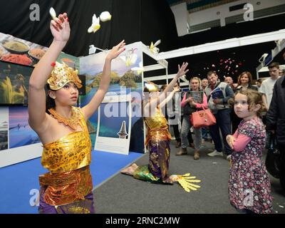 (160319) -- ZAGREB, March 19, 2016 -- Dancers perform traditional Indonesian dance during the 5th Place2go International Tourism Fair in Zagreb, capital of Croatia, March 19, 2016. A total of 160 exhibitors from 20 countries took part in the fair which kicked off on Friday. ) CROATIA-ZAGREB-INTERNATIONAL TOURISM FAIR MisoxLisanin PUBLICATIONxNOTxINxCHN   Zagreb March 19 2016 Dancers perform Traditional Indonesian Dance during The 5th  International Tourism Fair in Zagreb Capital of Croatia March 19 2016 a total of 160 exhibitors from 20 Countries took Part in The Fair Which kicked off ON Frida Stock Photo