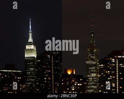 Bilder des Tages (160320) -- NEW YORK, March 20, 2016 -- Combined photo taken on March 19, 2016 shows the Empire State Building before (L) and after (R) turning off ghts for the annual Earth Hour event in New York, the United States. Muzi) U.S.-NEW YORK-EARTH HOUR LI PUBLICATIONxNOTxINxCHN   Images the Day  New York March 20 2016 Combined Photo Taken ON March 19 2016 Shows The Empire State Building Before l and After r Turning off  for The Annual Earth hour Event in New York The United States Muzi U S New York Earth hour left PUBLICATIONxNOTxINxCHN Stock Photo