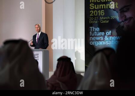 World Media Summit, WMS, in Doha (160320) -- DOHA, March 20, 2016 -- Gary Pruitt, President of the Associated Press, speaks during the opening ceremony of World Media Summit (WMS) 2016 in Doha, capital of Qatar, March 20, 2016. Over 350 delegates of media outlets from 100 countries gathered in the Qatari capital of Doha on Sunday for the World Media Summit (WMS) 2016. ) QATAR-DOHA-WMS-OPENING MengxTao PUBLICATIONxNOTxINxCHN   World Media Summit Zurückzuwerben WMS in Doha  Doha March 20 2016 Gary Pruitt President of The Associated Press Speaks during The Opening Ceremony of World Media Summit Z Stock Photo