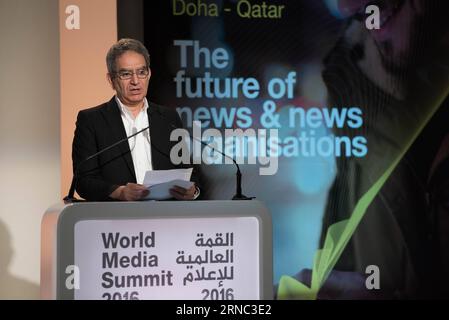 World Media Summit, WMS, in Doha (160320) -- DOHA, March 20, 2016 -- Mostefa Souag, Director-General of Al Jazeera Media Network, speaks during the opening ceremony of World Media Summit (WMS) 2016 in Doha, capital of Qatar, March 20, 2016. Over 350 delegates of media outlets from 100 countries gathered in the Qatari capital of Doha on Sunday for the World Media Summit (WMS) 2016. ) QATAR-DOHA-WMS-OPENING MengxTao PUBLICATIONxNOTxINxCHN   World Media Summit Zurückzuwerben WMS in Doha  Doha March 20 2016 Mostefa  Director General of Al Jazeera Media Network Speaks during The Opening Ceremony of Stock Photo