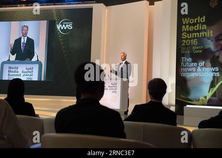 World Media Summit, WMS, in Doha (160320) -- DOHA, March 20, 2016 -- Gary Pruitt, President of the Associated Press, speaks during the opening ceremony of World Media Summit (WMS) 2016 in Doha, capital of Qatar, March 20, 2016. Over 350 delegates of media outlets from 100 countries gathered in the Qatari capital of Doha on Sunday for the World Media Summit (WMS) 2016. ) QATAR-DOHA-WMS-OPENING MengxTao PUBLICATIONxNOTxINxCHN   World Media Summit Zurückzuwerben WMS in Doha  Doha March 20 2016 Gary Pruitt President of The Associated Press Speaks during The Opening Ceremony of World Media Summit Z Stock Photo